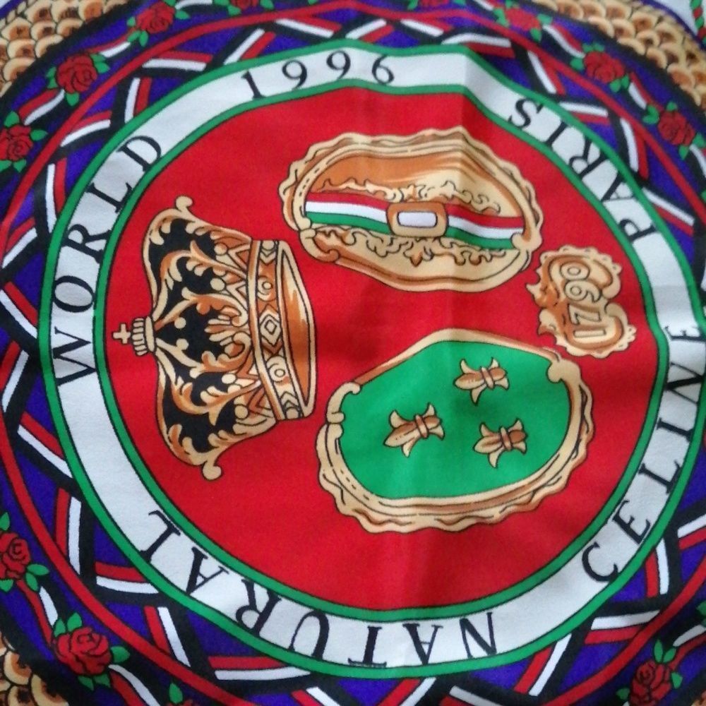 Hermes Multicolor Silk Scarf with Red, Purple, Green and Gold Motif - Picture 6 of 10